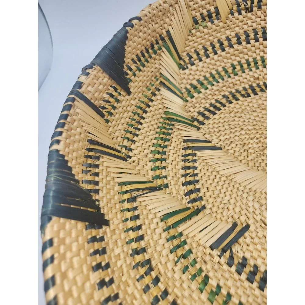 Handcrafted Woven Basket Tray Sunburst Pattern Round Shallow Bowl with Handles